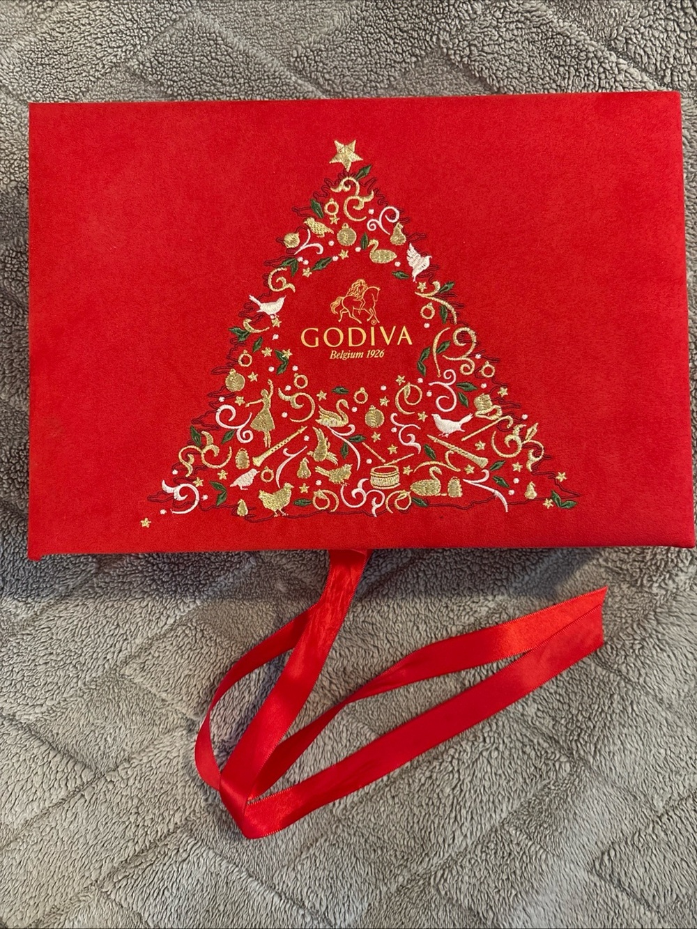 Godiva Red Holiday Gift Box with Gold & Green Tree Embroidery EMPTY